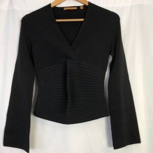 Essendi Black Ribbed V-Neck Stretch Bell Sleeve  Career Silk Pullover Size M